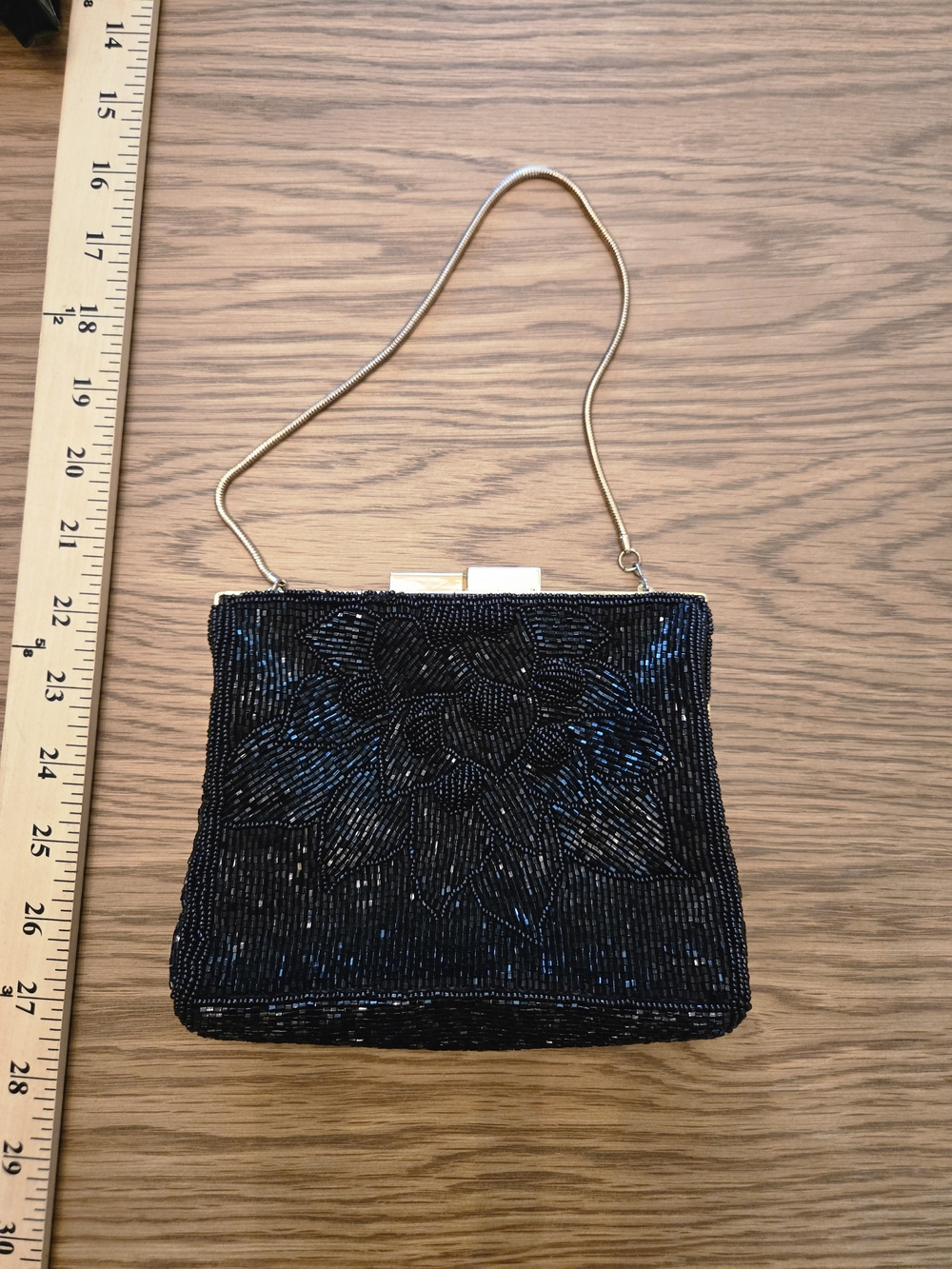 Elegant Black Beaded Evening Clutch with Chain Strap